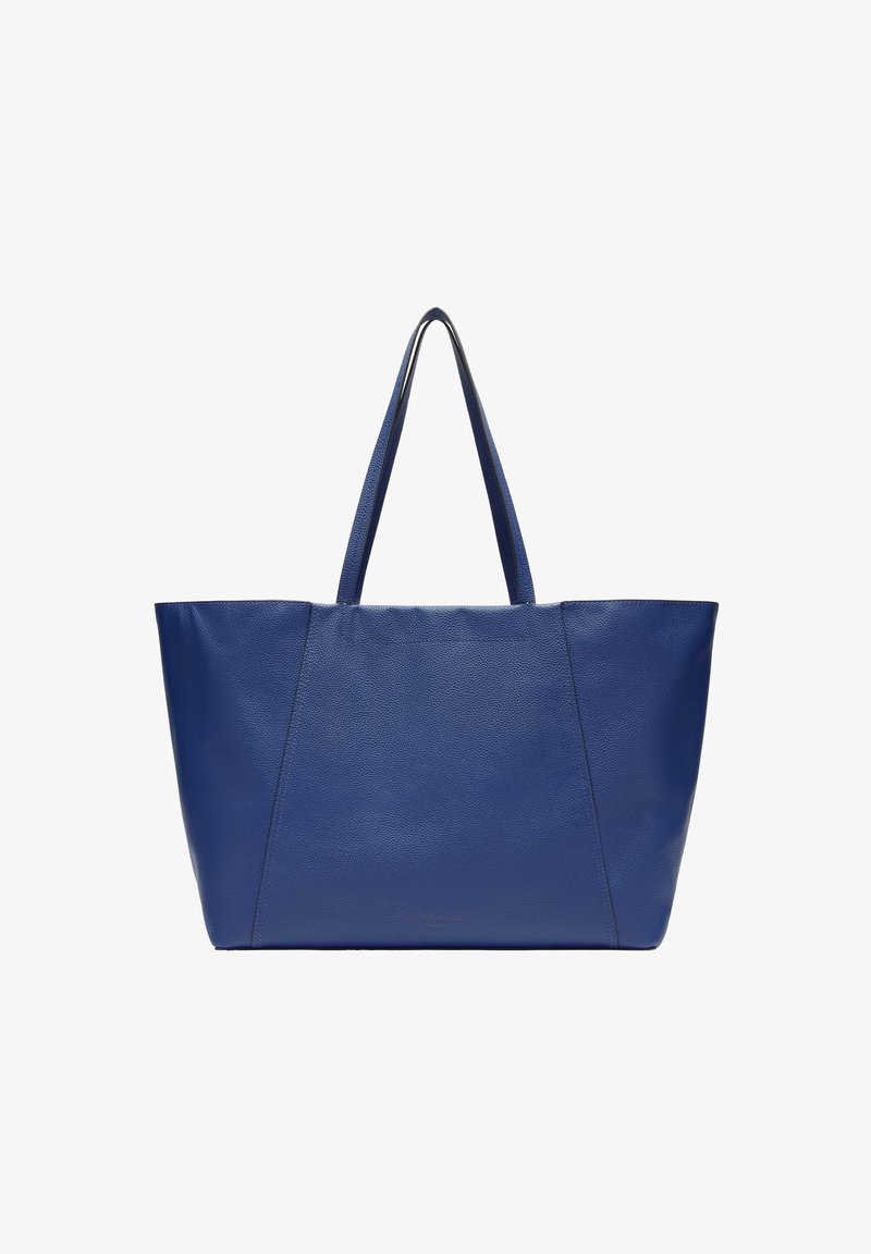 Sac fourre-tout en cuir bleu avec un design structuré, deux longues poignées et une surface texturée. Présente un look minimaliste et sans couture.