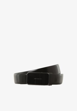 Black leather belt with a smooth finish. Rectangular metal buckle features an embossed logo. Belt has a classic design and adjustable length.