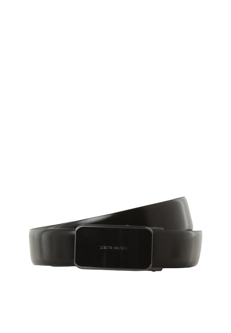 Czarny skórzany pasek o gładkim wykończeniu. Prostokątna metalowa klamra z wytłoczonym logo. Pasek ma klasyczny design i regulowaną długość.