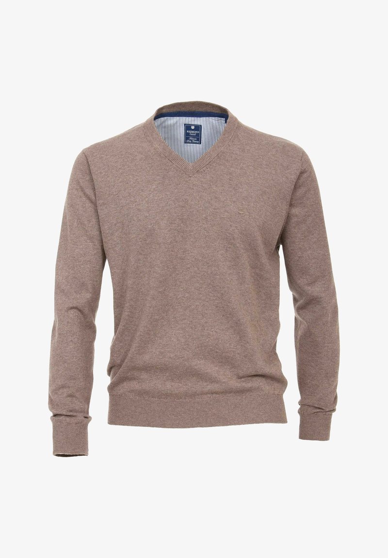 Pull léger pour homme de couleur marron clair avec encolure en V, poignets et ourlet côtelés, comprenant une doublure de col intérieure rayée et un petit logo brodé sur la poitrine.