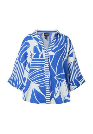 Blauw-wit overhemd met knopen, versierd met abstracte bladeren en strepen, brede mouwen en een puntige kraag.