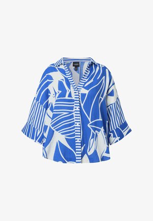 Blå og hvid skjorte med knapper, med abstrakte blade- og stribemønstre, brede ærmer og spids krave.