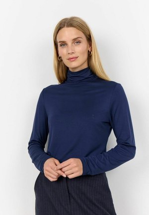 Marineblauwe longsleeve turtleneck top van zachte stof, met een getailleerd ontwerp en een hoge halslijn. Eenvoudig zonder patronen of accenten.
