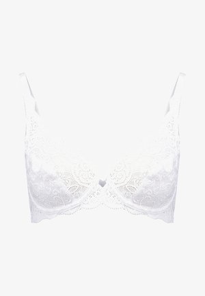 Bralet din dantelă albă cu motive florale, bretele reglabile și un accent în formă de inimă în centru. Material neted cu detalii transparente.