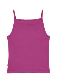 Ribbad, ärmlös topp i livfull magenta. Har tunna band och en rak fåll, med en liten logotagg nedtill till vänster.