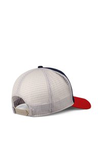 Baseballkappe mit rohem Schirm, navyblauem Oberteil und cremefarbenem Netzrücken. Verfügt über einen verstellbaren Riemen und ein gitterstrukturiertes Detail.