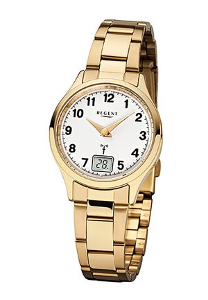 Montre-bracelet en métal doré avec cadran blanc, chiffres noirs, aiguilles dorées et un petit affichage numérique de la date indiquant "28".