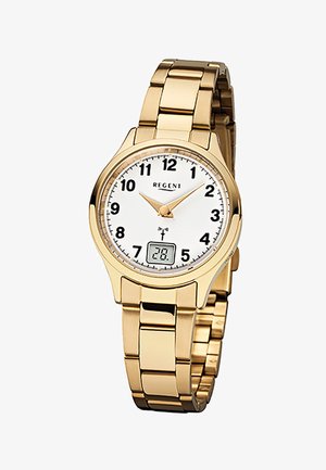 Montre-bracelet en métal doré avec cadran blanc, chiffres noirs, aiguilles dorées et un petit affichage numérique de la date indiquant "28".