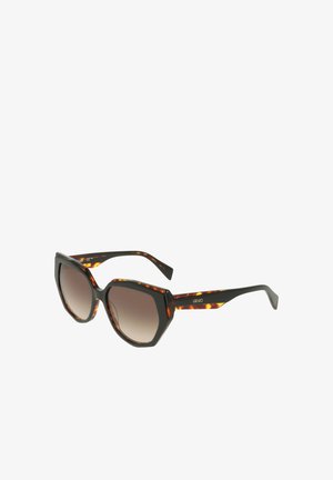 Lunettes de soleil œil de chat en écaille de tortue avec verres dégradés marron et texte doré "Liu Jo" de marque sur la branche.