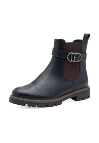 Bottines en cuir noir avec panneau latéral élastique brun, trois anneaux en argent sur la sangle, tirette, et semelle noire robuste.