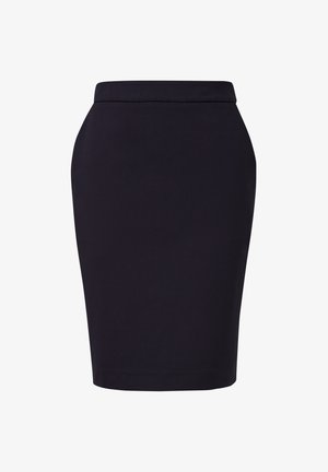 Black knee-length pencil skirt with a smooth, tailored fit, featuring a wide waistband and no visible patterns or embellishments.
