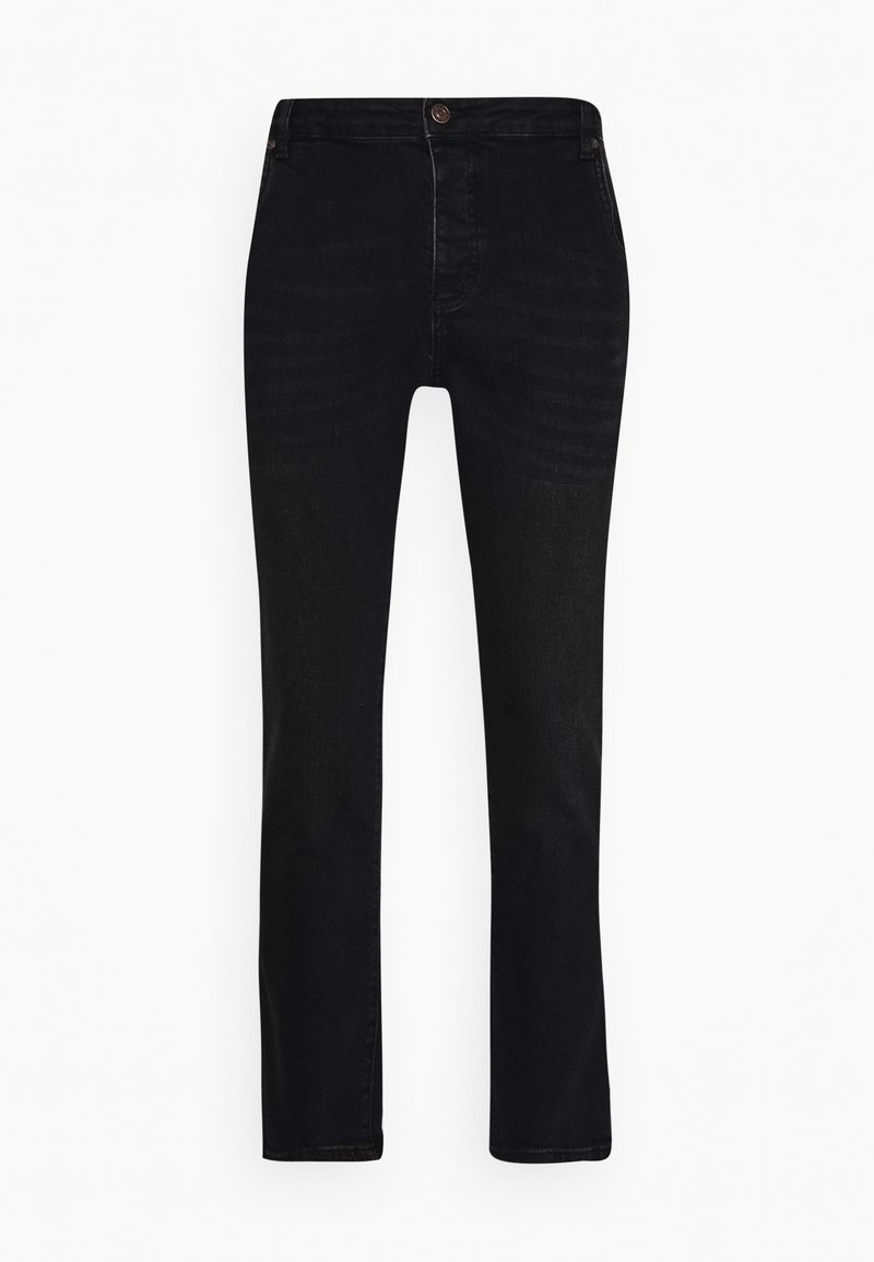 Jeans de mezclilla negra con corte recto, que presentan un clásico diseño de cinco bolsillos y un cierre de botón de bronce en la cintura. Textura suave.