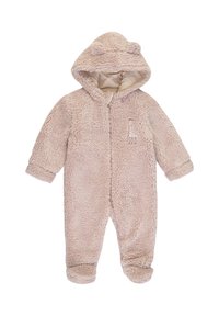 Un tutone in pile rosa chiaro con una consistenza morbida, chiusura con zip frontale e cappuccio con orecchie di orso. Presenta un dettaglio ricamato di una giraffa sul petto.
