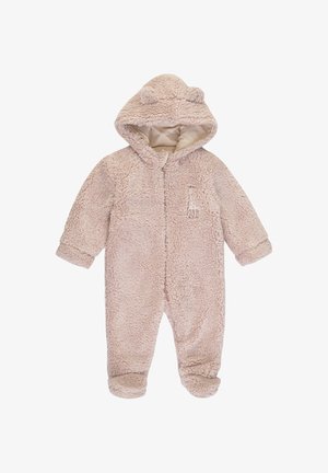 Un tutone in pile rosa chiaro con una consistenza morbida, chiusura con zip frontale e cappuccio con orecchie di orso. Presenta un dettaglio ricamato di una giraffa sul petto.