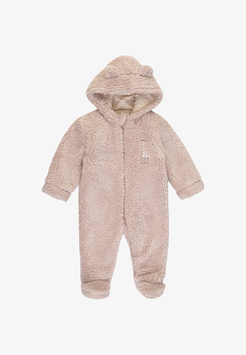 Un tutone in pile rosa chiaro con una consistenza morbida, chiusura con zip frontale e cappuccio con orecchie di orso. Presenta un dettaglio ricamato di una giraffa sul petto.