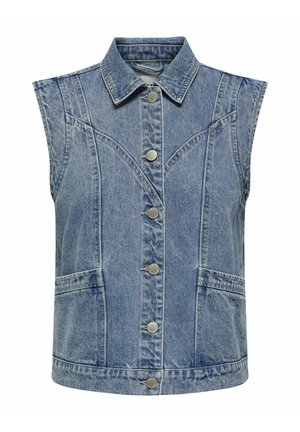 Denim ermeløs vest, lyseblå, med fire metallknapper, spiss krage, to frontlommer og strukturerte sømmer for en skreddersydd passform.