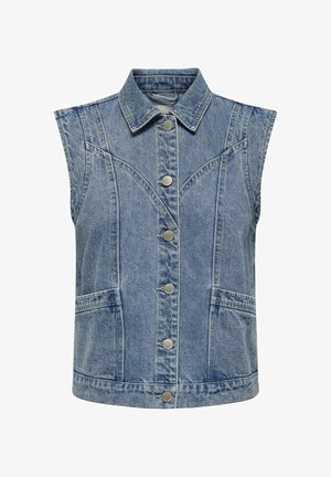 Colete sem mangas em denim, azul claro, com quatro botões metálicos, gola pontuda, dois bolsos frontais e costuras estruturadas para um ajuste personalizado.