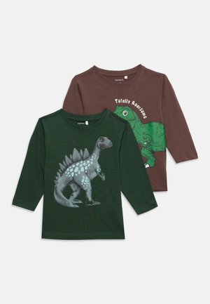 Deux chemises à manches longues pour enfants, une vert foncé avec un stégosaure gris, l'autre marron avec un dinosaure vert et texte "Totally Roarsome."