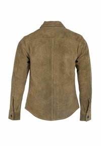 Barna színű, velúr anyagú kabát, amely gallérral, hosszú ujjakkal és gombos mandzsettákkal rendelkezik. Sima textúrájú, testhez simuló fazonú, hátul középen varrással díszített.