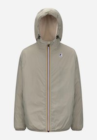 Giacca color beige chiaro con cappuccio, chiusura zip davanti e dettagli a strisce multicolori. Presenta polsini elastici e una morbida fodera interna.