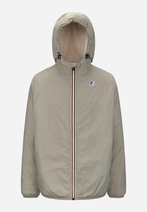 Giacca color beige chiaro con cappuccio, chiusura zip davanti e dettagli a strisce multicolori. Presenta polsini elastici e una morbida fodera interna.