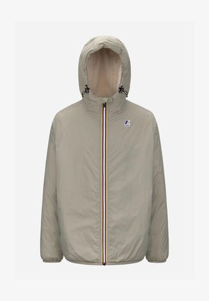 Giacca color beige chiaro con cappuccio, chiusura zip davanti e dettagli a strisce multicolori. Presenta polsini elastici e una morbida fodera interna.