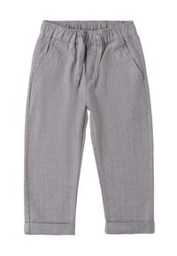 Pantaloni grigio a righe con vita elastica e cordoncino. Presenta tasche laterali e risvolti per un fit casual. Tessuto morbido.