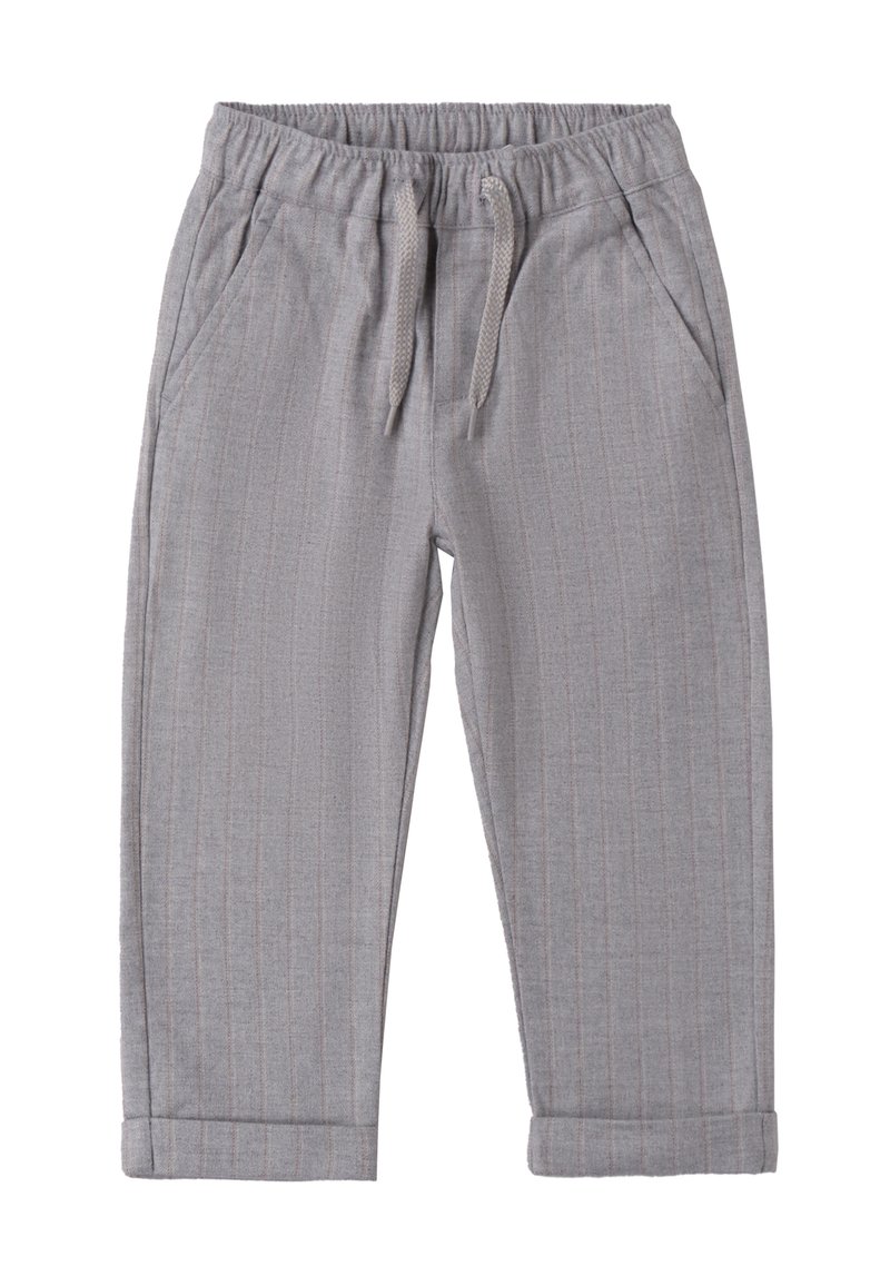 Pantaloni grigio a righe con vita elastica e cordoncino. Presenta tasche laterali e risvolti per un fit casual. Tessuto morbido.
