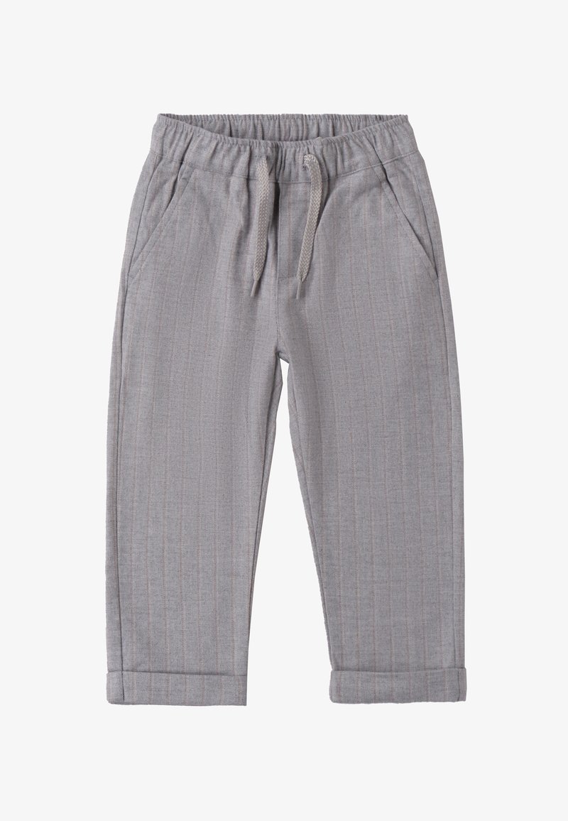 Pantaloni grigio a righe con vita elastica e cordoncino. Presenta tasche laterali e risvolti per un fit casual. Tessuto morbido.