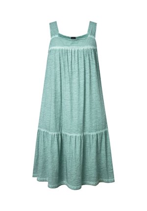 Abito senza maniche di un verde acqua chiaro, con spalline larghe, corpino arricciato e gonna a strati fluida. Tessuto morbido con una leggera texture.