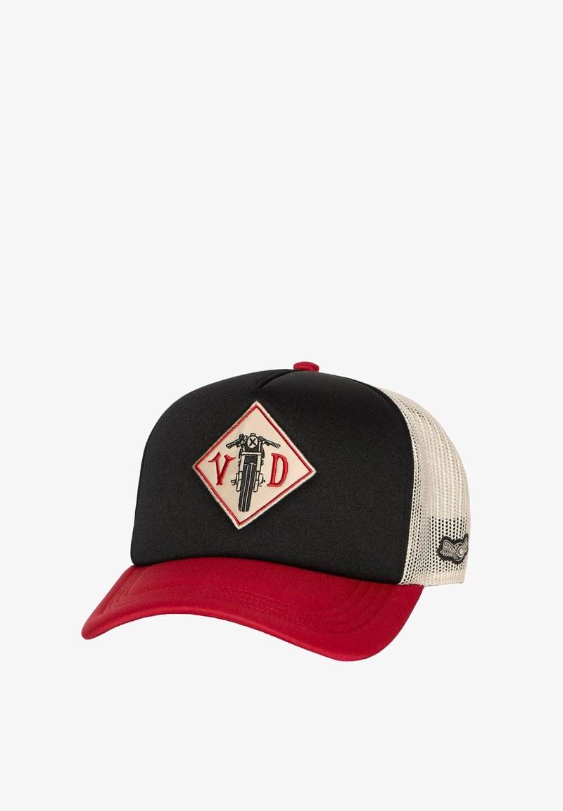 Black and red cap with a curved visor, mesh back, and embroidered logo featuring a motorcycle in a diamond shape.