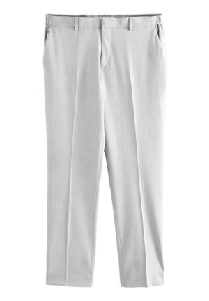 Svetlosivé na mieru ušité spoločenské nohavice s pútkami na opasok a prednými vreckami, zobrazené položene na bielom pozadí.