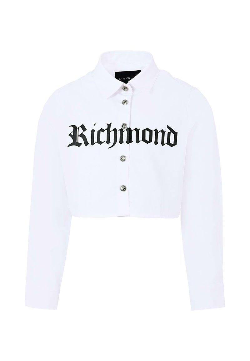 Camicetta bianca a maniche lunghe, con stampa nera "Richmond" e chiusura con bottoni argentati sul davanti. Tessuto morbido.