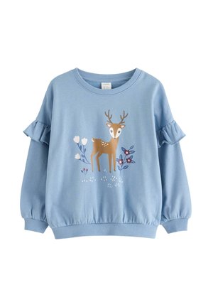 Light blue sweatshirt with ruffled sleeves, featuring a deer graphic and floral designs in brown, white, and dark blue. Soft, cotton blend material.