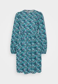 Blommig klänning med långa puffärmar, rund halsringning och nyckelhål baktill. Har ett abstrakt blommönster i blått, grönt och svart.