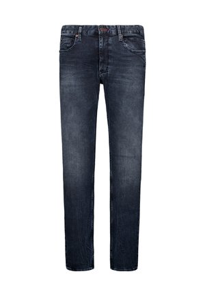 Donkerblauwe denim jeans met een rechte pasvorm, lichte slijtage op de dijen, steekzakken aan de voorkant en subtiele stikdetails op de tailleband.