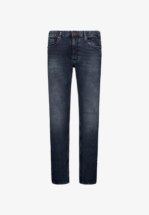 Donkerblauwe denim jeans met een rechte pasvorm, lichte slijtage op de dijen, steekzakken aan de voorkant en subtiele stikdetails op de tailleband.