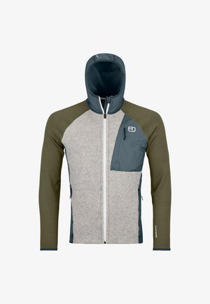 Two-tone zip-up jacket featuring a gray fleece body, green textured sleeves, and a hood, with a zip pocket on the chest for storage.