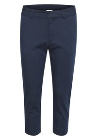 Mörkblå beskurna byxor i ett smidigt material. Har en rak front, bälteshällor och sidofickor. Ren design utan mönster.