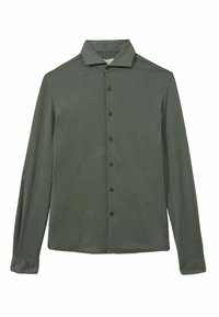 Cămașă cu mânecă lungă, din țesătură verde închis, cu guler clasic, șapte butoni negri și o textură fină, având o croială ajustată.