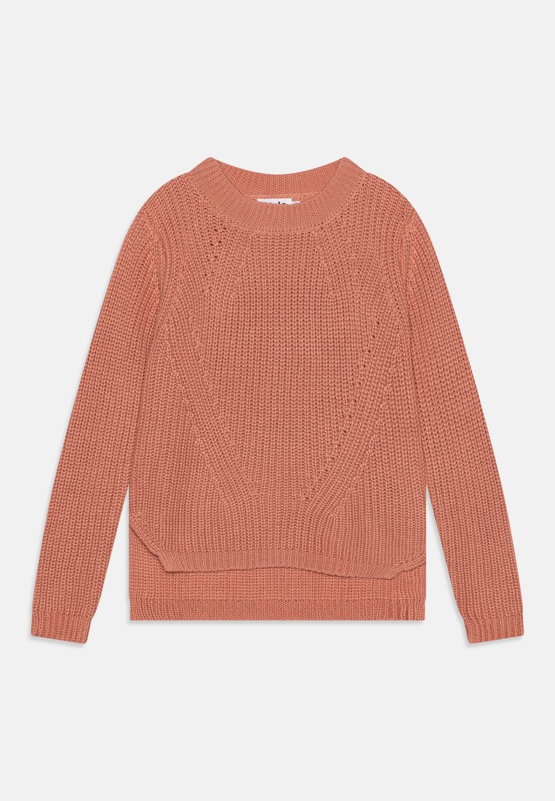 Pull en maille rose poussiére avec manches longues, col rond côtelé et motif texturé sur le devant et les manches, posé à plat sur fond blanc.