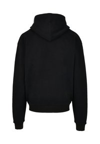 Black hooded sweatshirt shown from the back with long sleeves, ribbed cuffs, and a ribbed waistband on a white background.