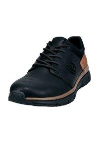 Schwarze Lederschuhe mit einem braunen Akzent, runde Zehenform, Schnürdesign, strukturierte Oberfläche und gepolsterte Sohle für Komfort.