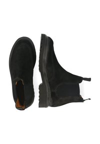 Schwarze Wildleder-Stiefeletten mit elastischen Seiteneinsätzen, strukturierten Gummisohlen und Zuglaschen. Klassisches Design mit gesteppten Details.