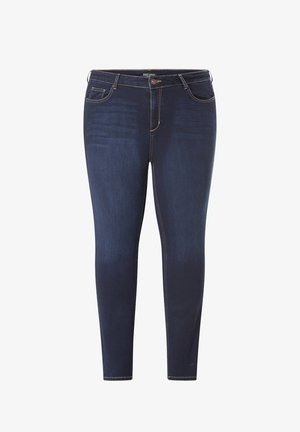 Donkerblauwe skinny jeans van denim, met een gladde textuur, vijf-pocket ontwerp en contrasterende gouden stiksels.