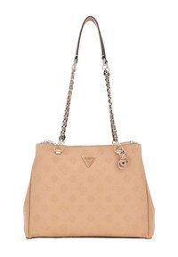 Borsa beige realizzata in materiale sintetico testurizzato, con chiusura con zip, doppio manico a catena e in pelle, e motivo logo impresso.
