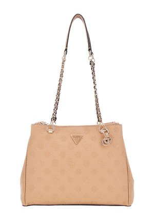 Borsa beige realizzata in materiale sintetico testurizzato, con chiusura con zip, doppio manico a catena e in pelle, e motivo logo impresso.