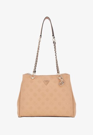 Borsa beige realizzata in materiale sintetico testurizzato, con chiusura con zip, doppio manico a catena e in pelle, e motivo logo impresso.