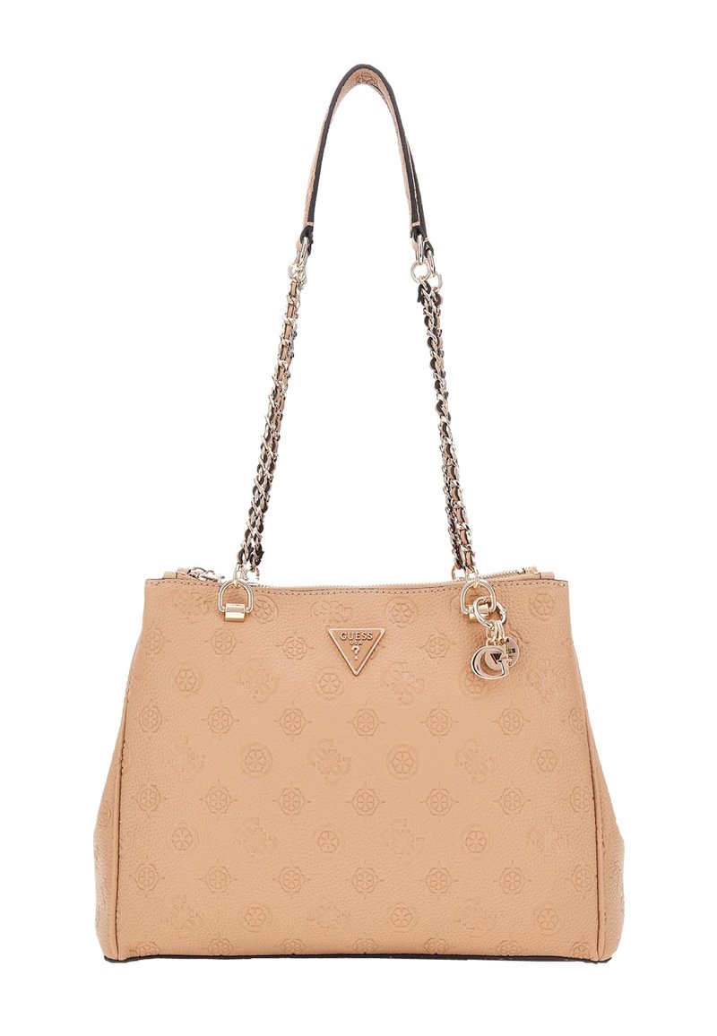 Borsa beige realizzata in materiale sintetico testurizzato, con chiusura con zip, doppio manico a catena e in pelle, e motivo logo impresso.