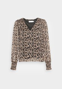 Blusa nera a scollo a V, trasparente, con una stampa animale color crema e marrone. Presenta maniche lunghe gatherate e polsini arricciati. Tessuto leggero.